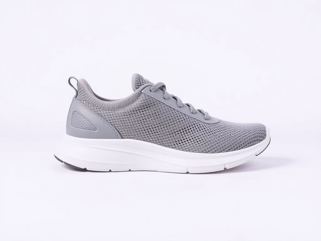 Lightweight grey mesh athletic diabetic walking shoe with a cushioned white sole