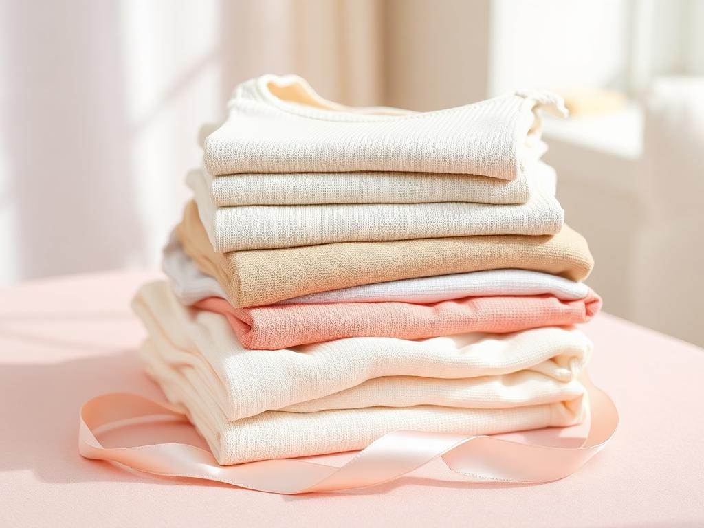 Neatly folded soft knit camisole-style mastectomy garments in ivory, beige, and blush tones