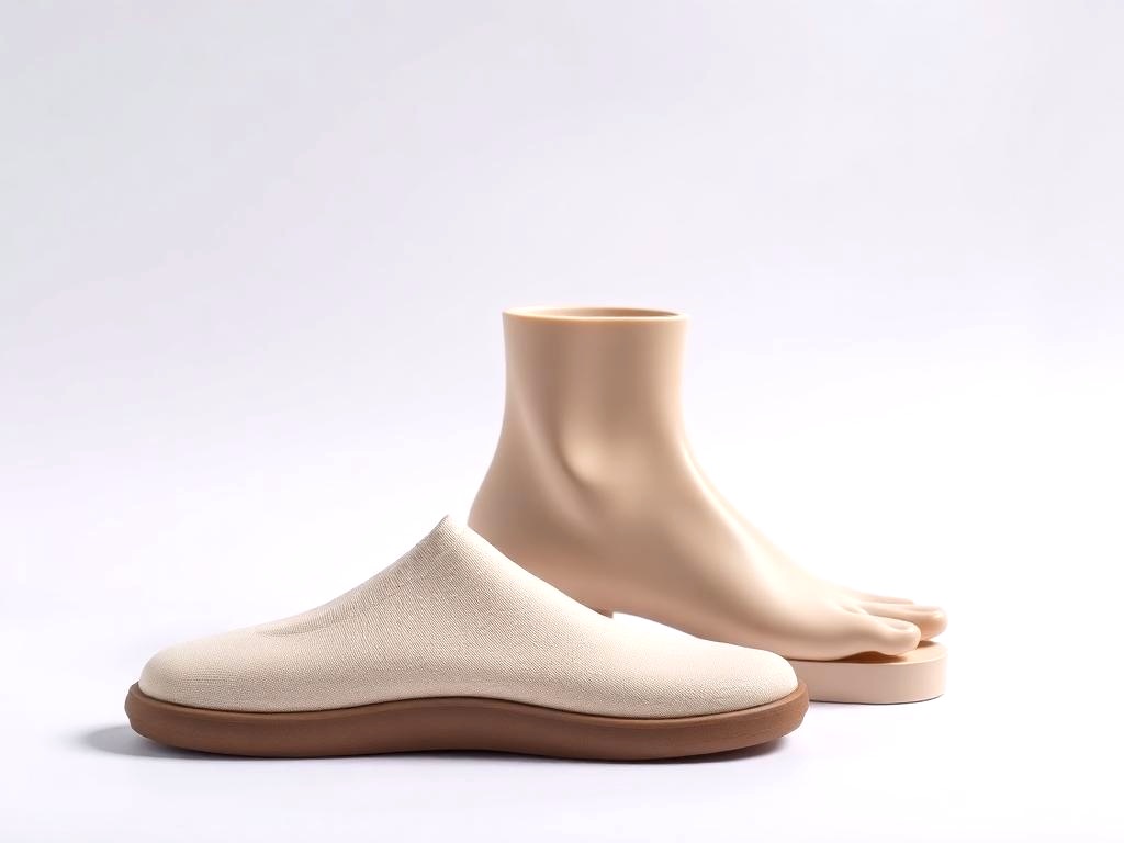 Custom-molded orthopedic shoe beside a plaster foot cast model