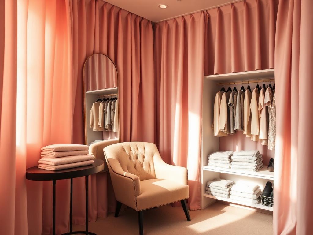 Calm private fitting room with soft pink drapery, an upholstered chair, mirror, and folded garments
