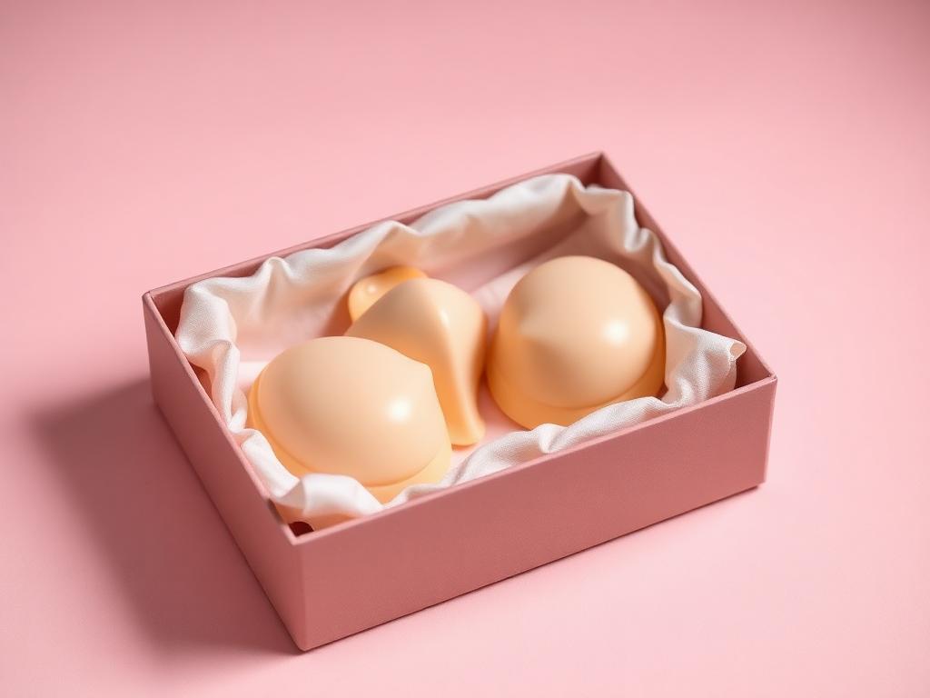 Pair of silicone breast forms resting in a fabric-lined presentation box on a blush pink surface