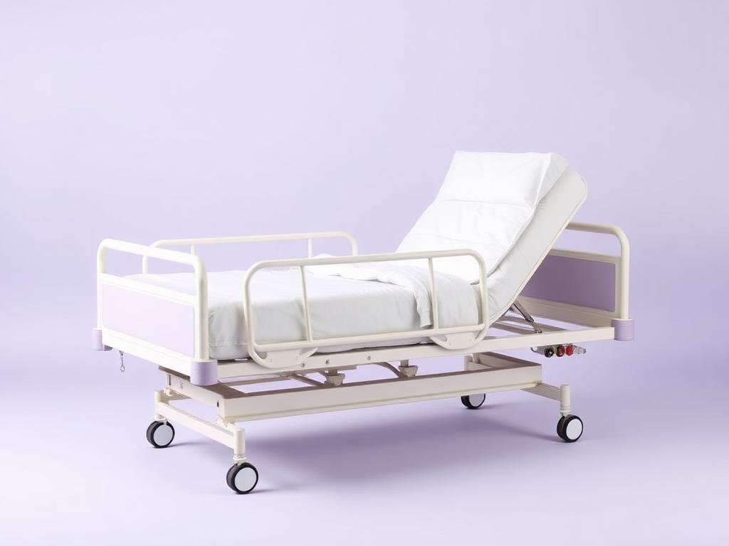 Adjustable electric home hospital bed with side rails and white linens