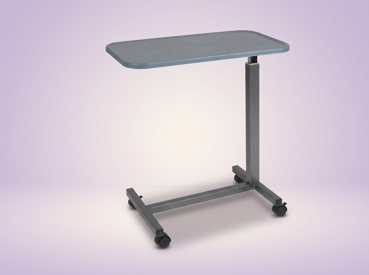 Height-adjustable rolling overbed table with tilt-top surface and casters