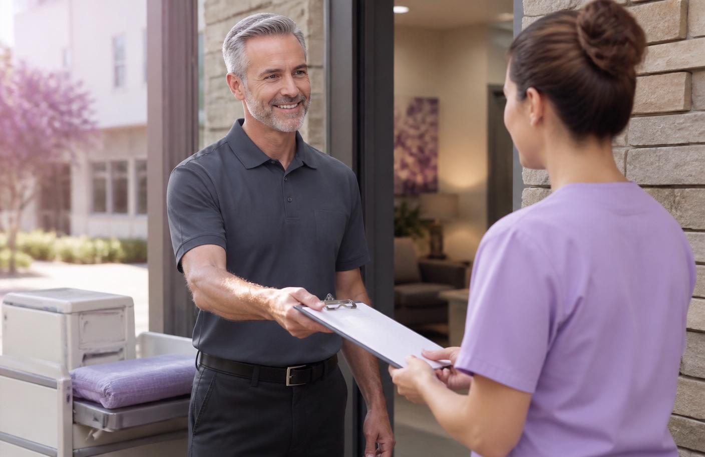 An ABT delivery technician reviewing an equipment order with a nurse at a care facility entrance