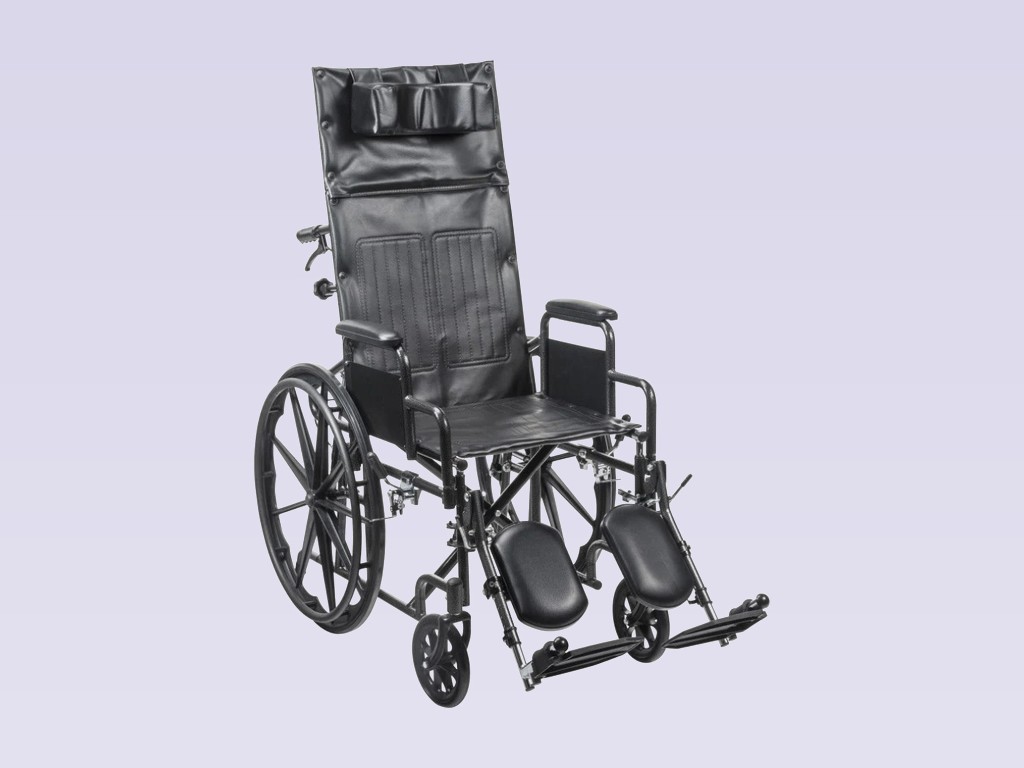High-back reclining wheelchair with headrest and elevating leg rests