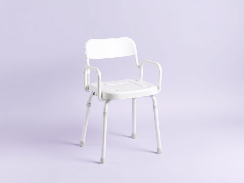 White shower chair with backrest, armrests, and non-slip feet
