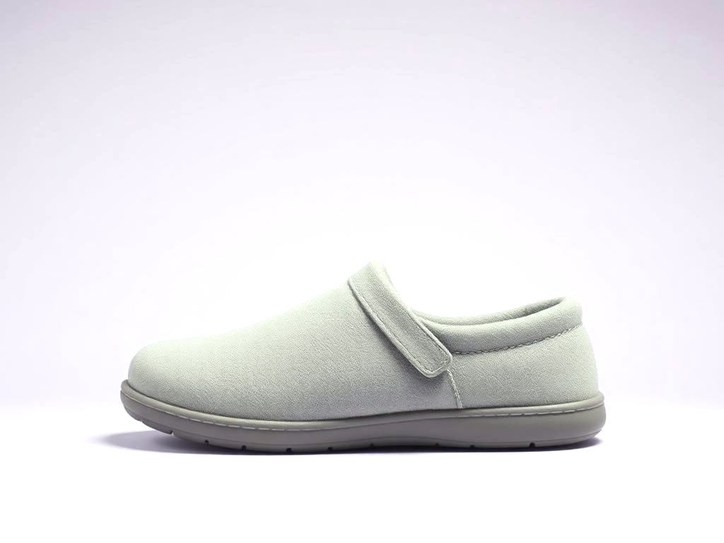 Grey closed-toe diabetic house slipper with an adjustable strap