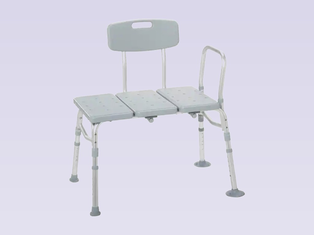 Gray tub transfer bench with backrest, side handle, and suction-cup feet