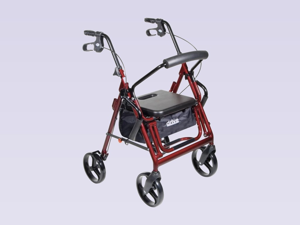 Red wheeled rollator with padded seat, backrest, storage bag, and hand brakes