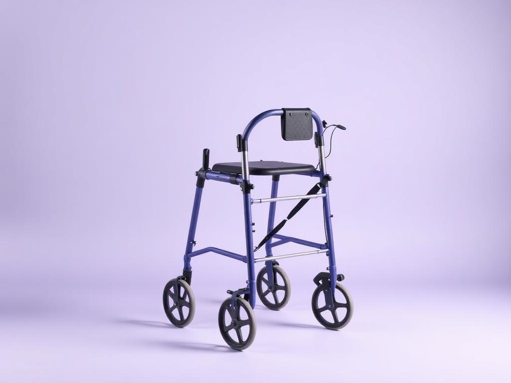 Wheeled rollator walker with padded seat and hand brakes